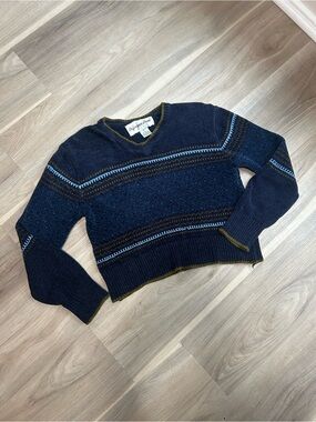 Vintage 90’s Petite V-Neck croppedKnit Sweater in Navy with Blue & Olive Accents